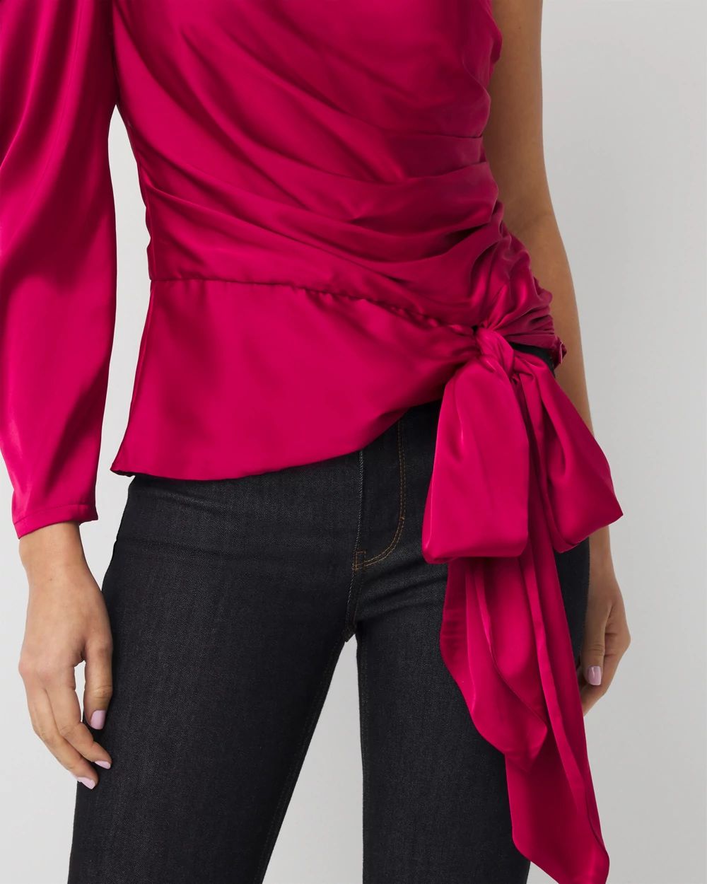 One-Shoulder Tie-Waist Satin Blouse
