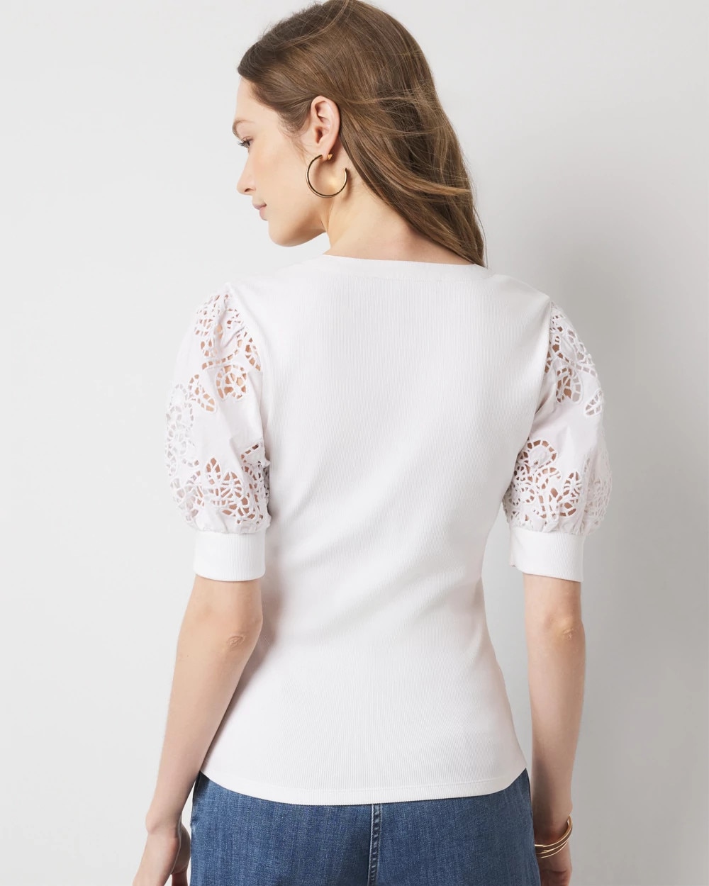 Eyelet Puff Sleeve Henley Top