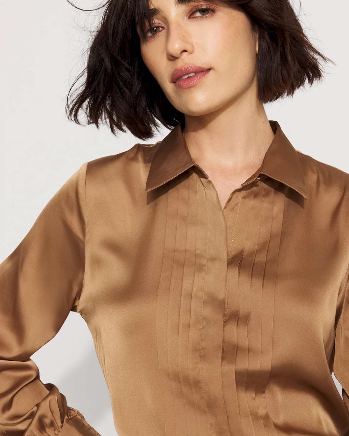 White House Black Market Pintuck Satin Shirt In Brown