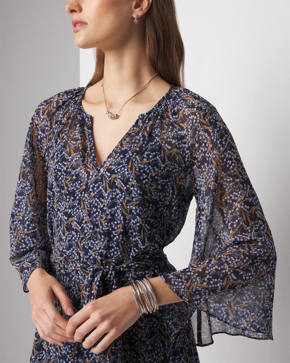 3/4 Sleeve Printed Godet Dress
