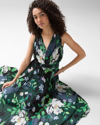 Sleeveless Smocked V-neck Pleated Midi Dress