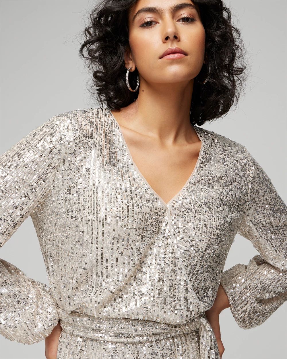 Long Sleeve Sequin Surplice Blouson Dress
