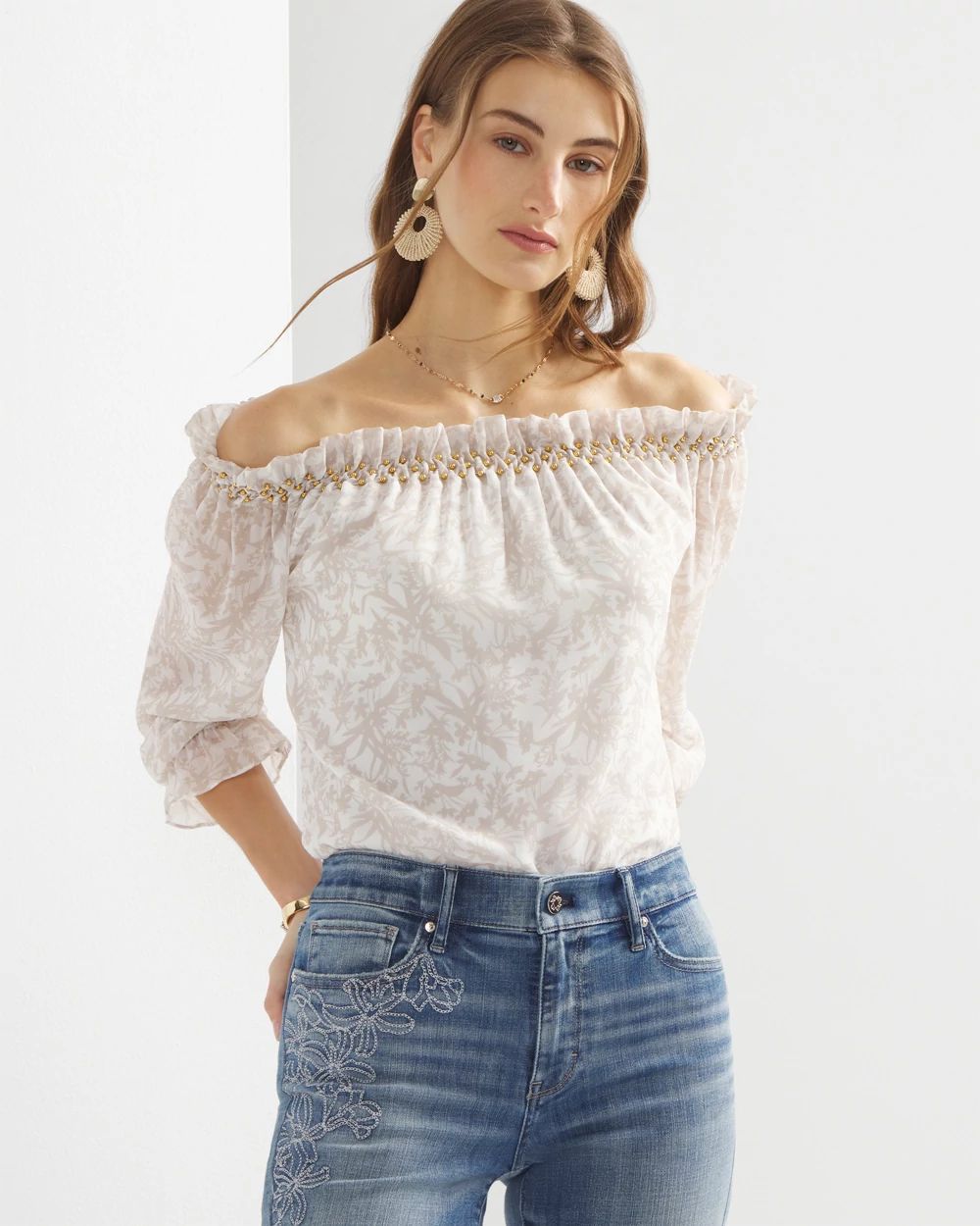 Off-the-Shoulder Beaded Chiffon Top