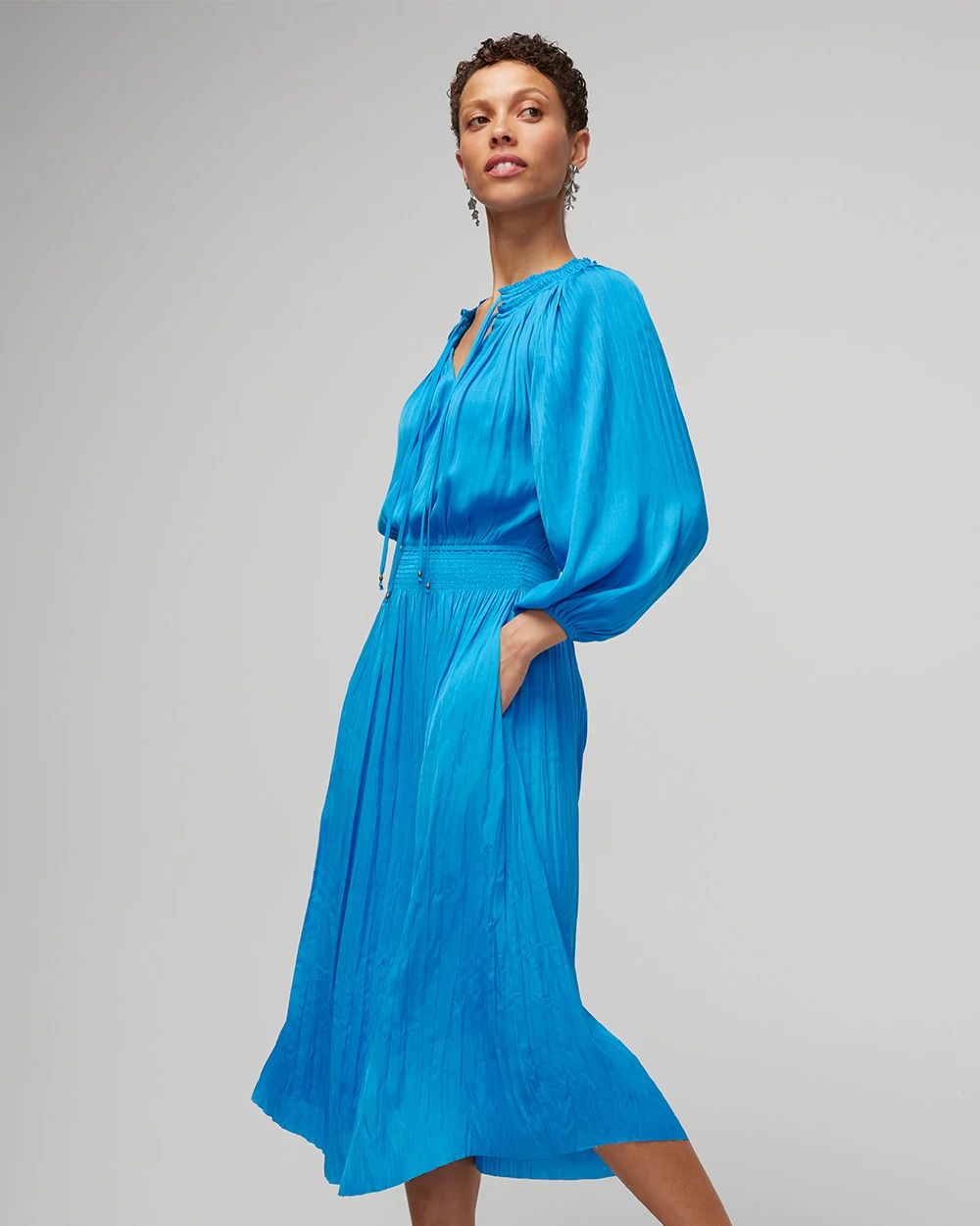 Tie-Neck Smocked Midi Dress