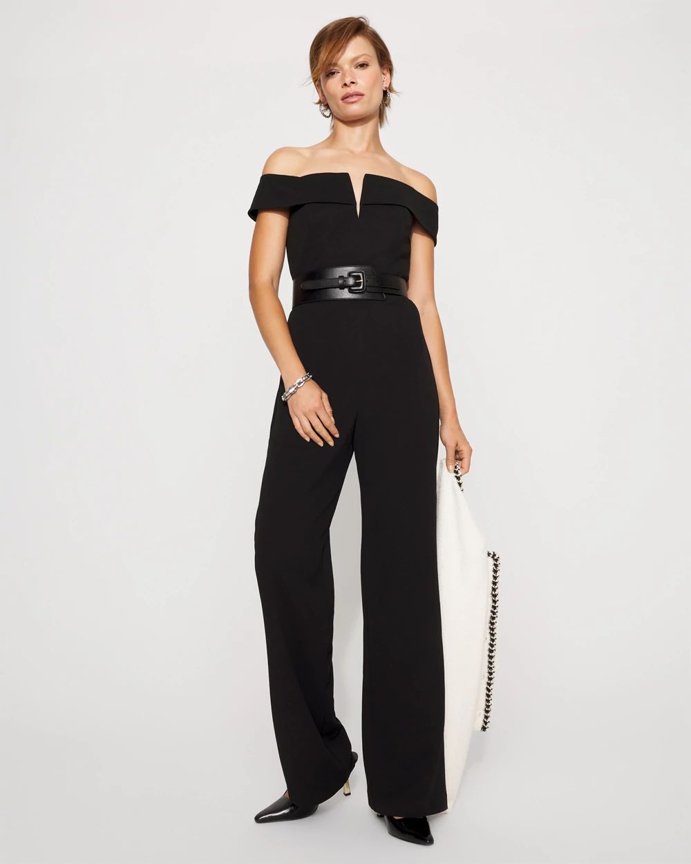 Off-The-Shoulder Crepe Jumpsuit click to view larger image.