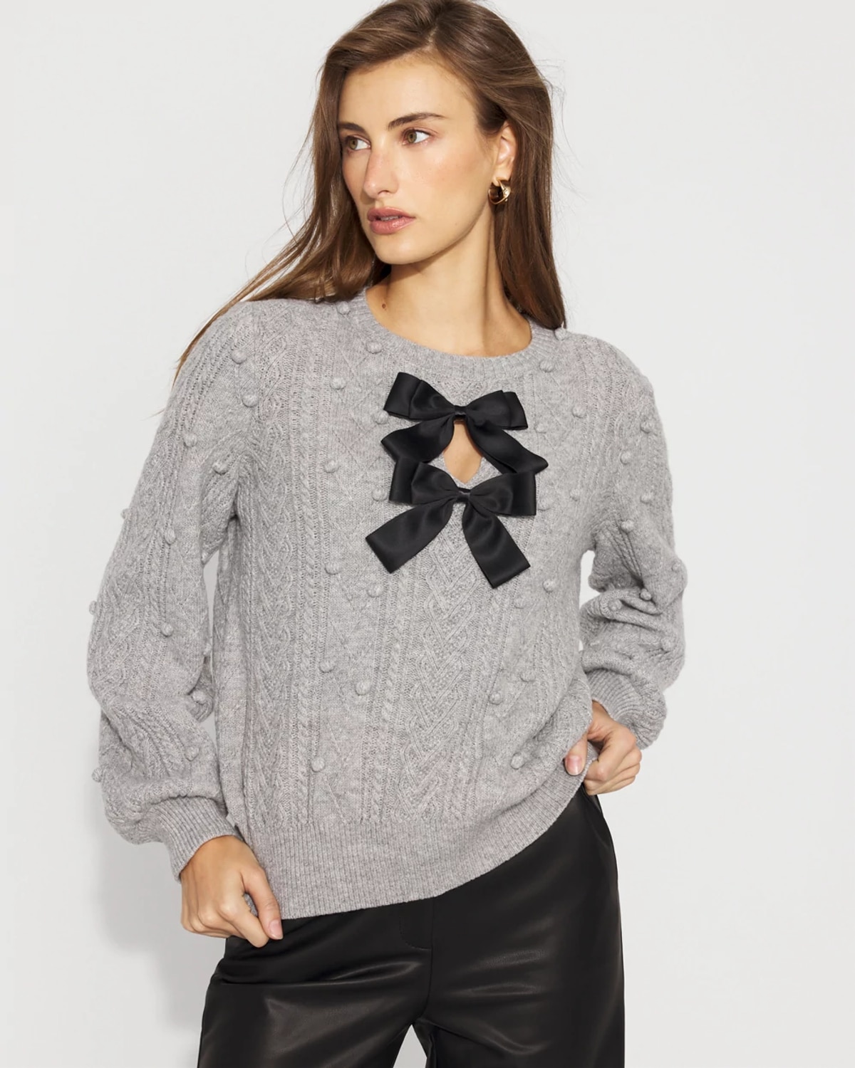White House Black Market Satin Bow Cable Knit Sweater