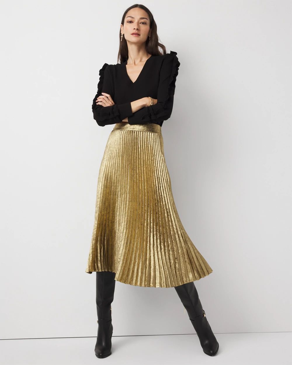 Pleated Chiffon Metallic Midi Skirt