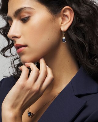 Gold Dark Blue Drop Hoop Earrings