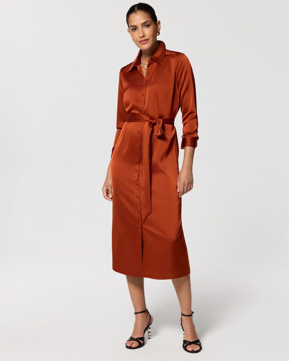 Petite Satin Midi Shirt Dress