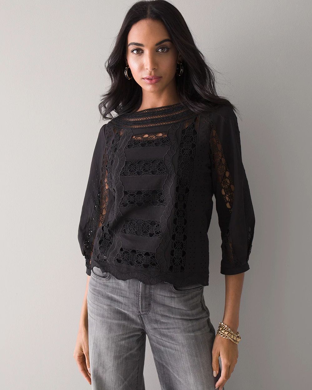 Three-Quarter Sleeve All-Over Lace Inset Blouse | White House Black Market