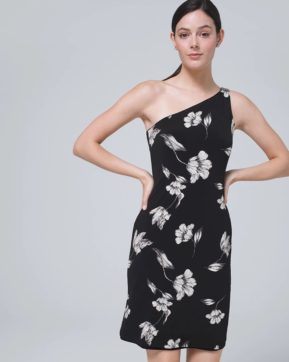 Reversible Floral/Solid One-Shoulder Shift Dress