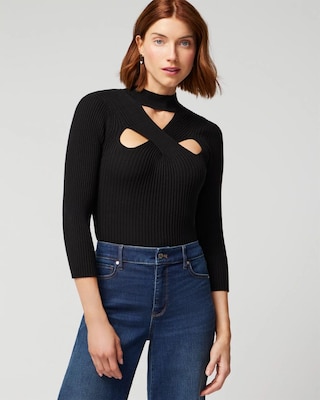 3/4 Sleeve Cutout Mockneck Pullover