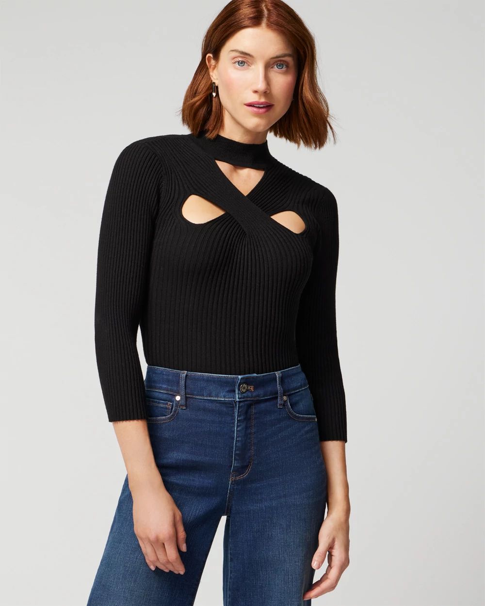 Petite 3/4 Sleeve Cutout Mockneck Pullover