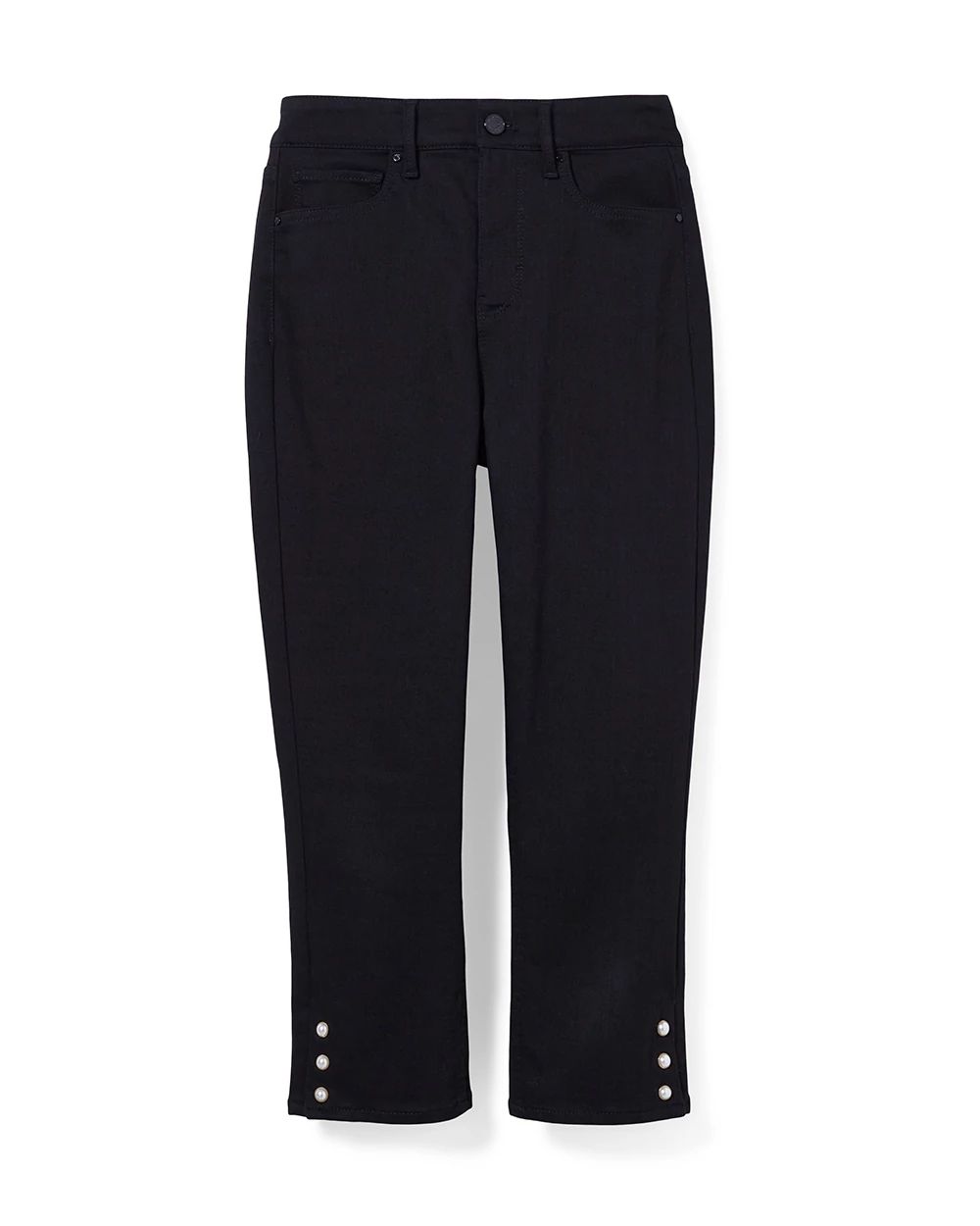 High-Rise Button Hem Black Slim Capri Jeans