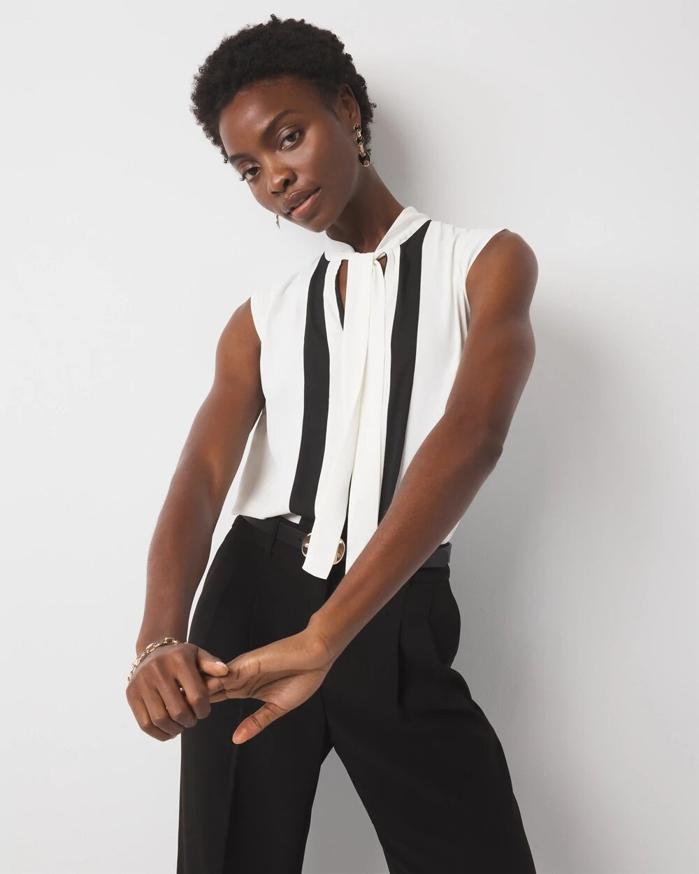 Colorblock Tie-Neck Shell - image 1
