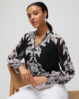 Pleated Butterfly Print Blouse