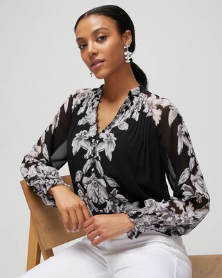 Pleated Butterfly Print Blouse