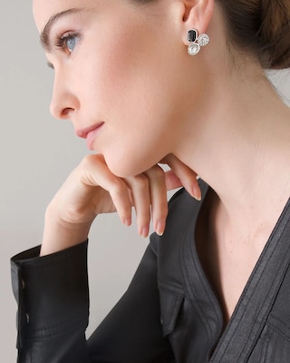 Silvertone, Crystal & Black Bead Stud Earrings
