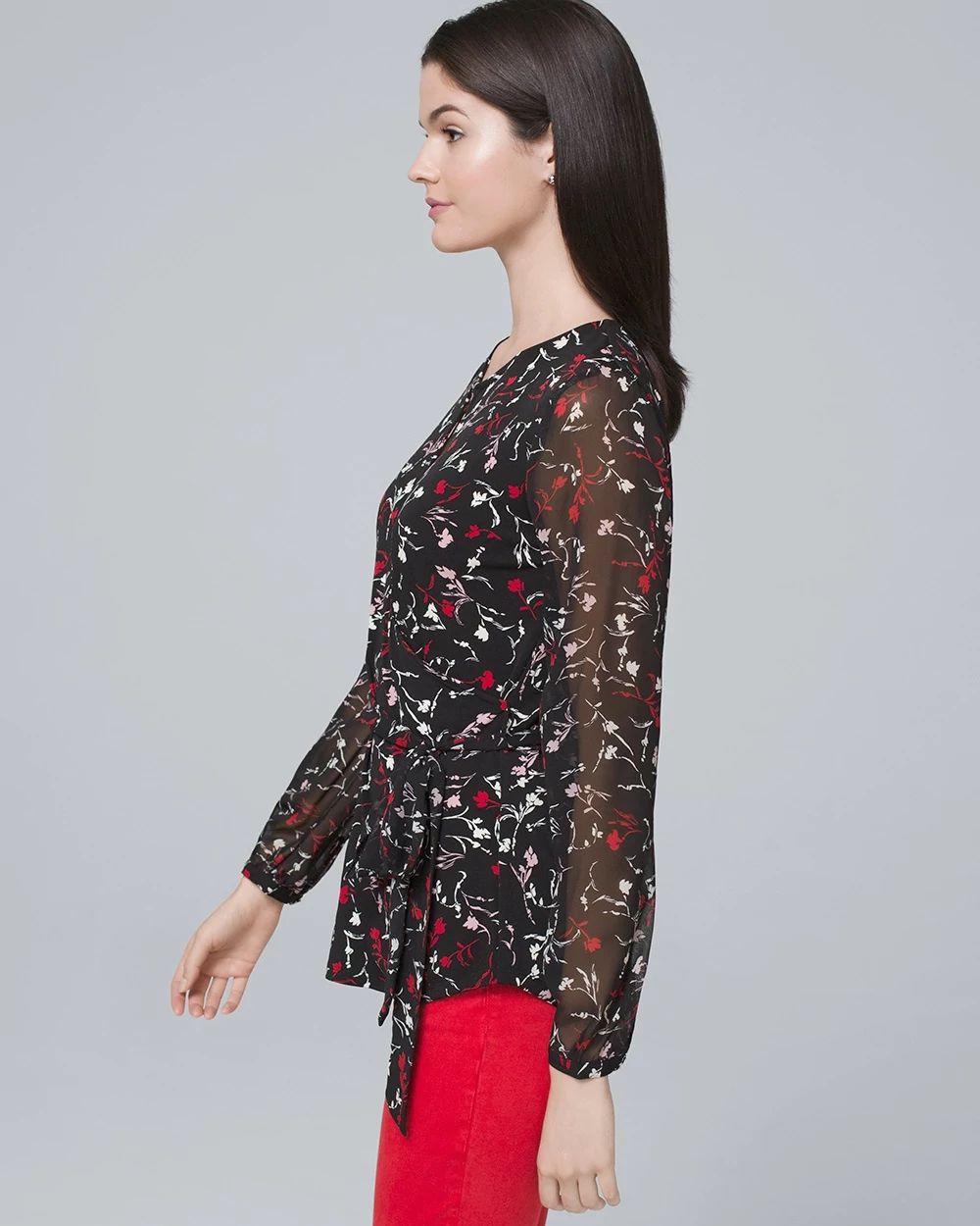 Woven-Sleeve Tie-Waist Floral Top