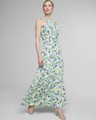 Petite Sleeveless Belted Halter Maxi Dress