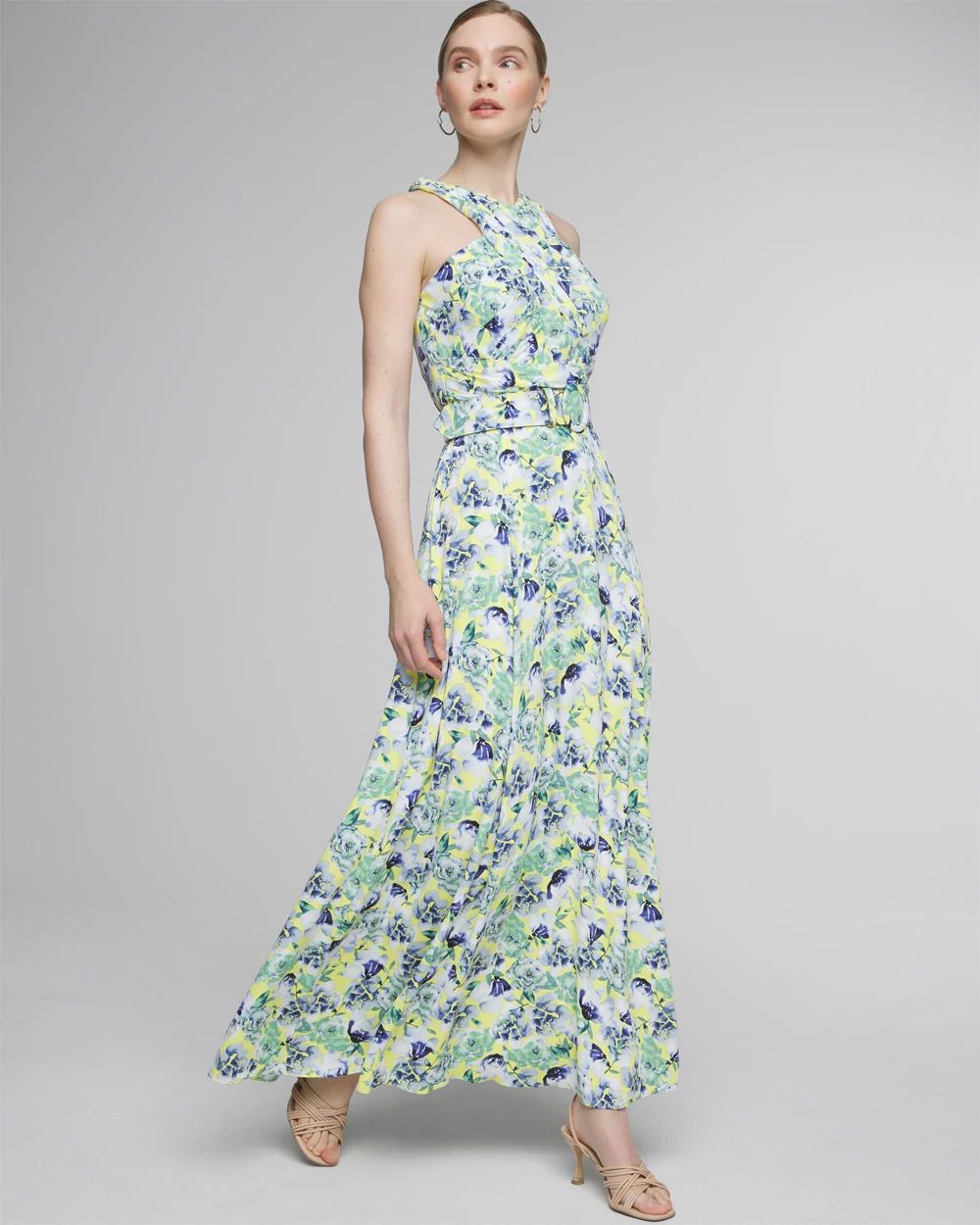 Petite Sleeveless Belted Halter Maxi Dress