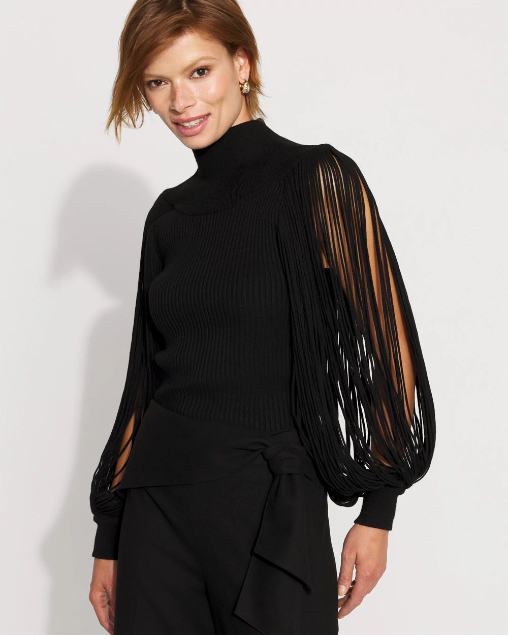 Fringe Sleeve Mockneck Pullover Sweater