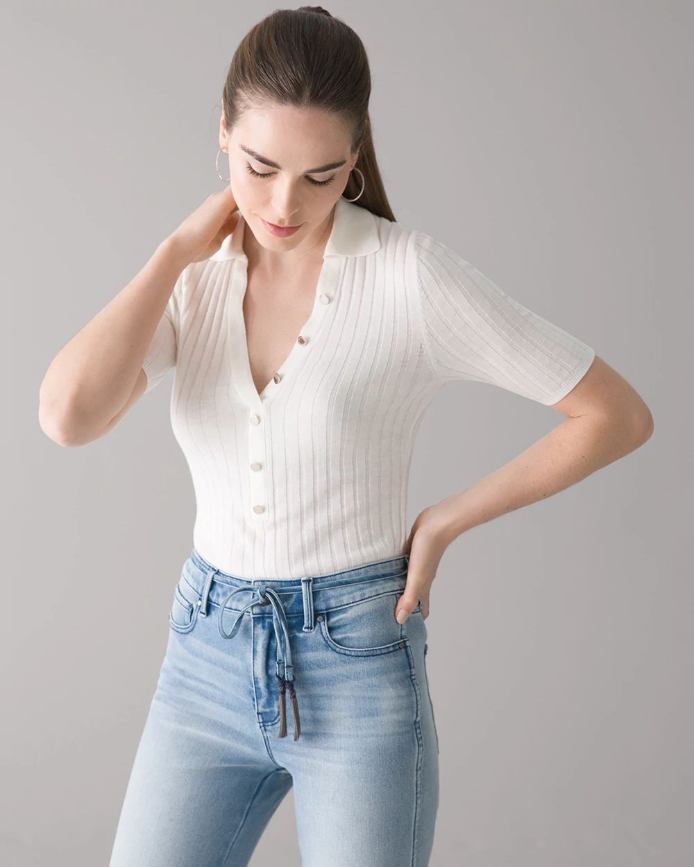 Cashmere-Blend Button Polo Sweater