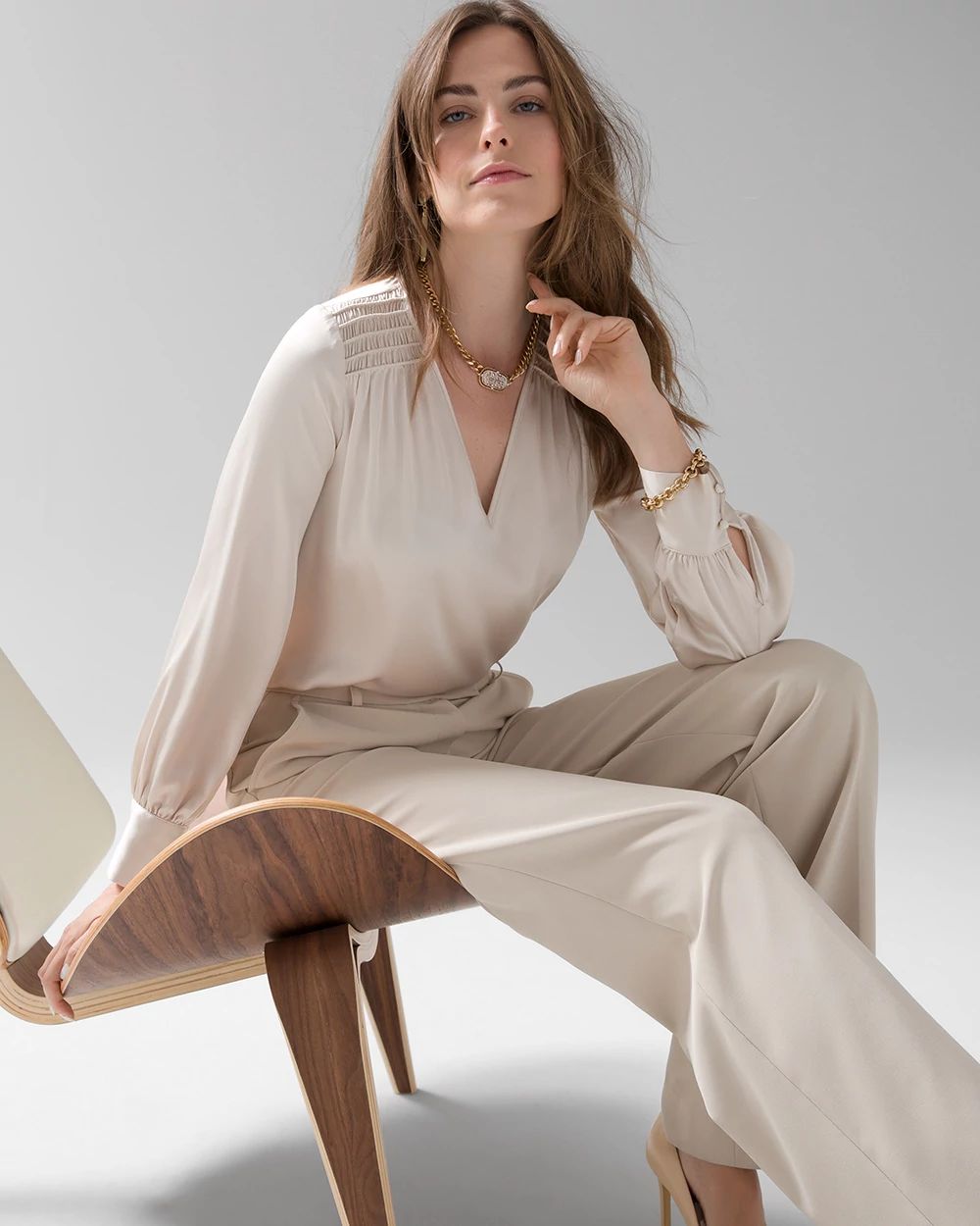 Smocked Shoulder Satin Blouse