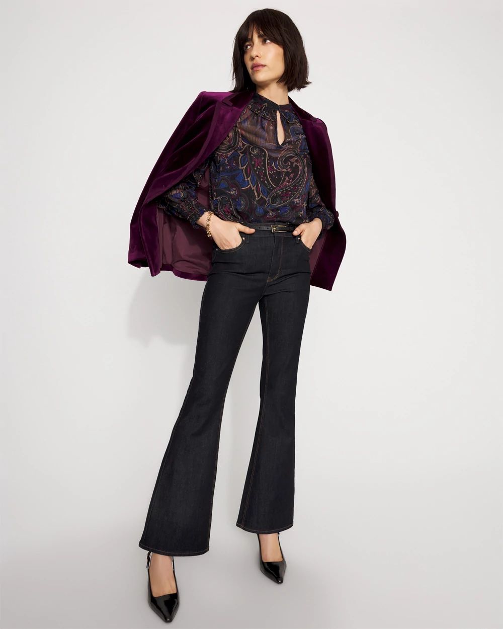 Petite Jacquard Ruffle Sleeve Chiffon Blouse