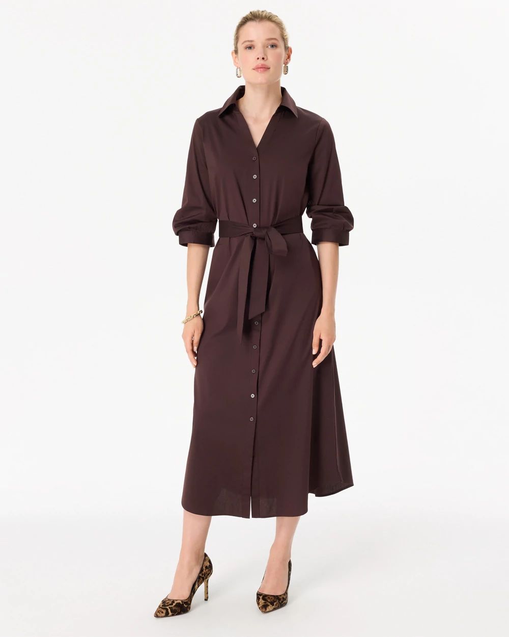 Elbow Sleeve Midi Shirt Dress