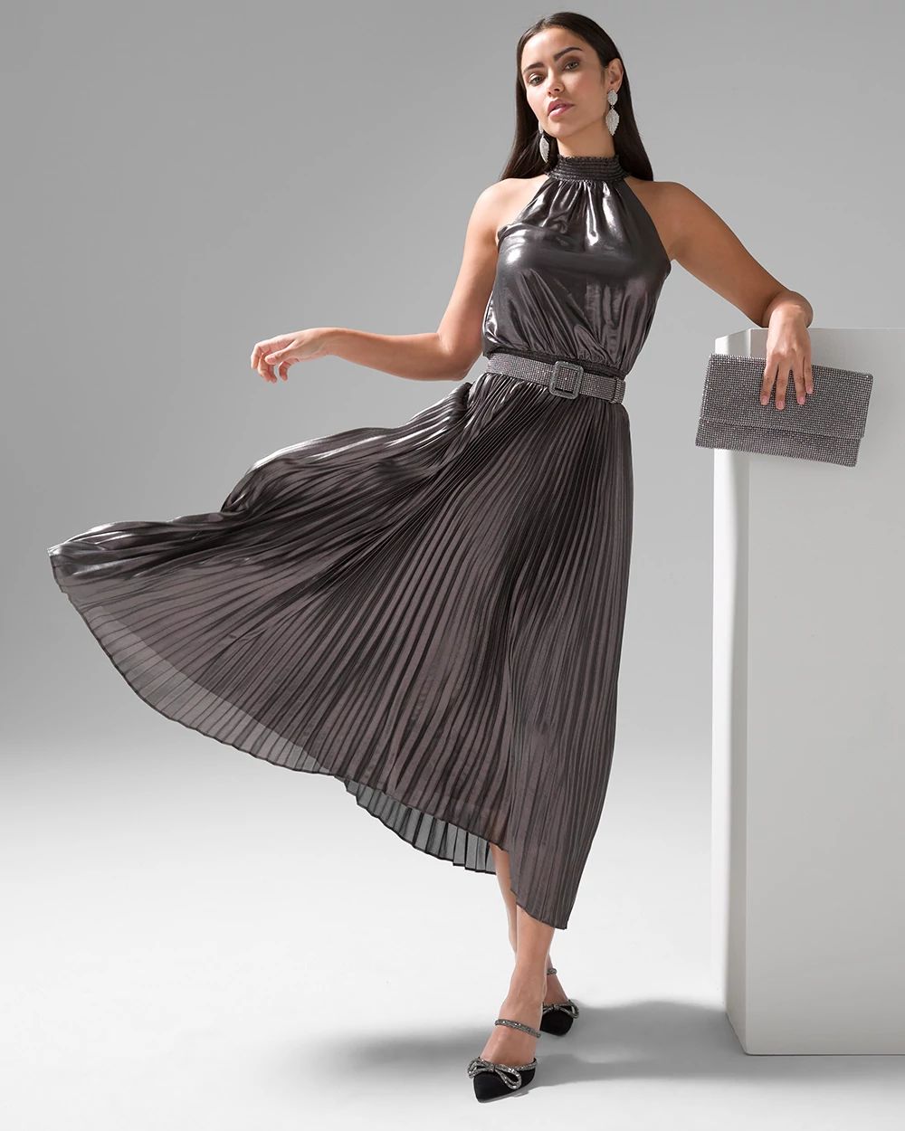 Pleated Halter Midi Dress