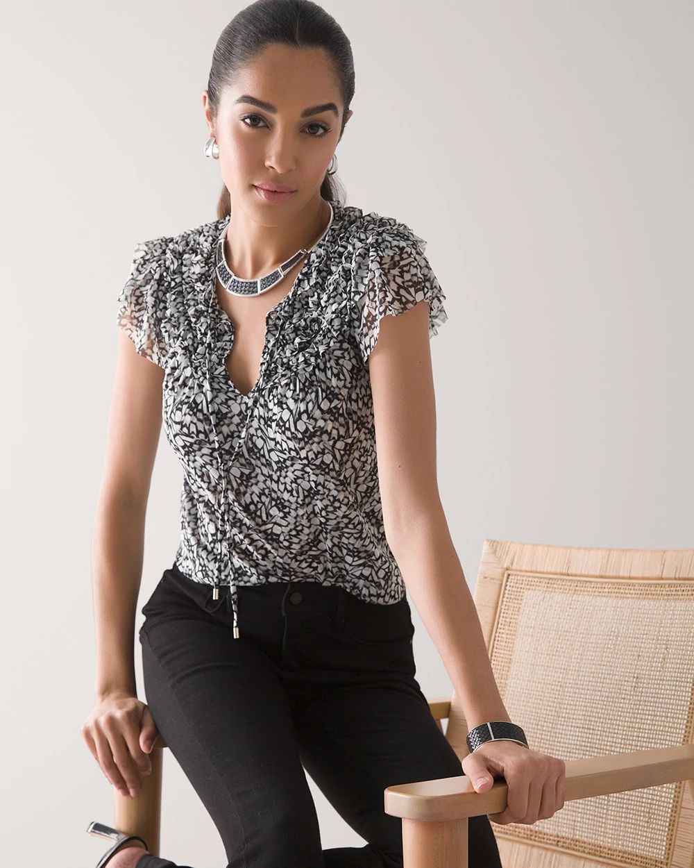 Short-Sleeve Mesh Tie-Neck Top