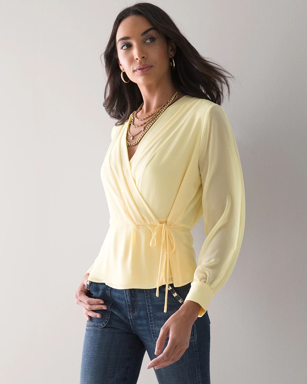 Long-Sleeve Pleat-Back Surplice Blouse
