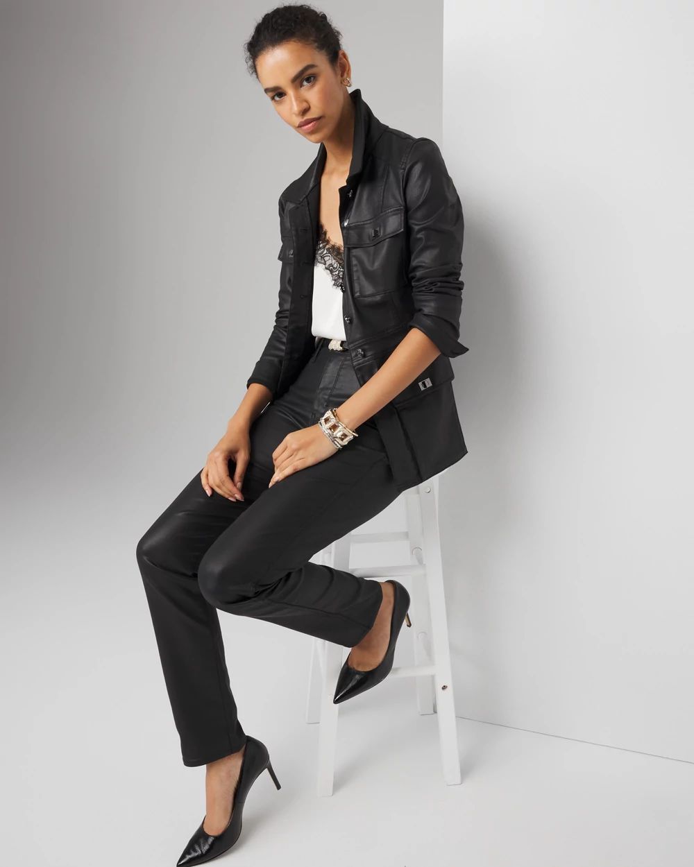 Coated Denim Utility Jacket click to view larger image.
