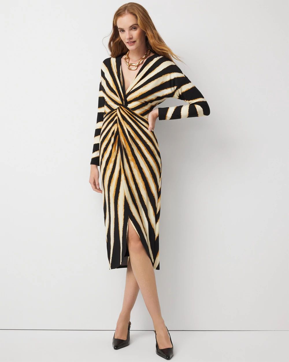 Sunburst Front Twist Midi Dress
