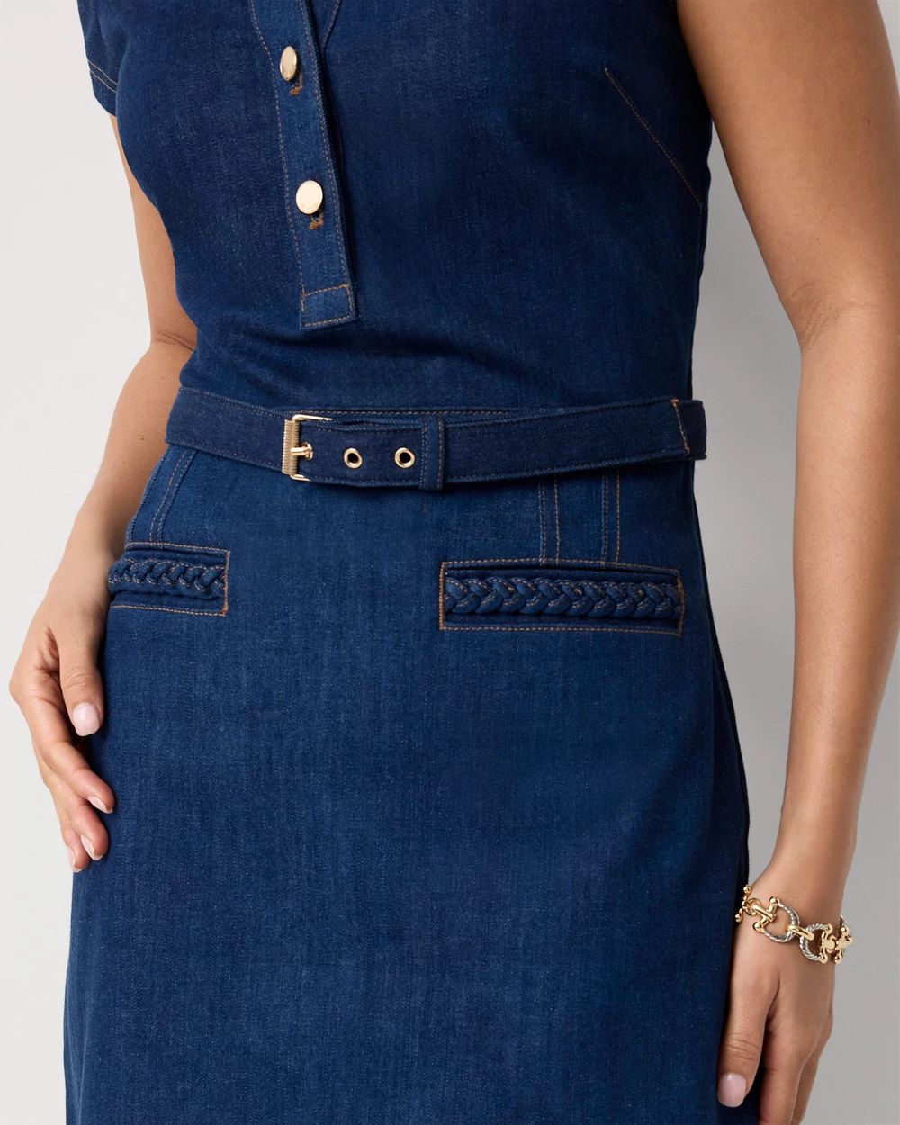 Petite Braided Trim Belted Denim Dress click to view larger image.