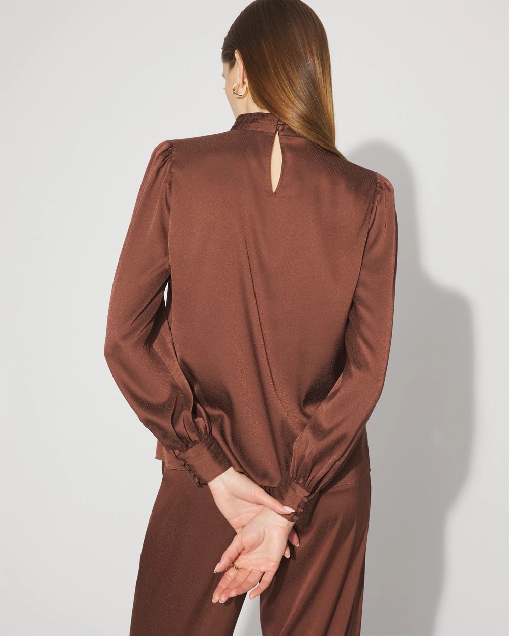 Petite Mock Neck Satin Jacquard Blouse