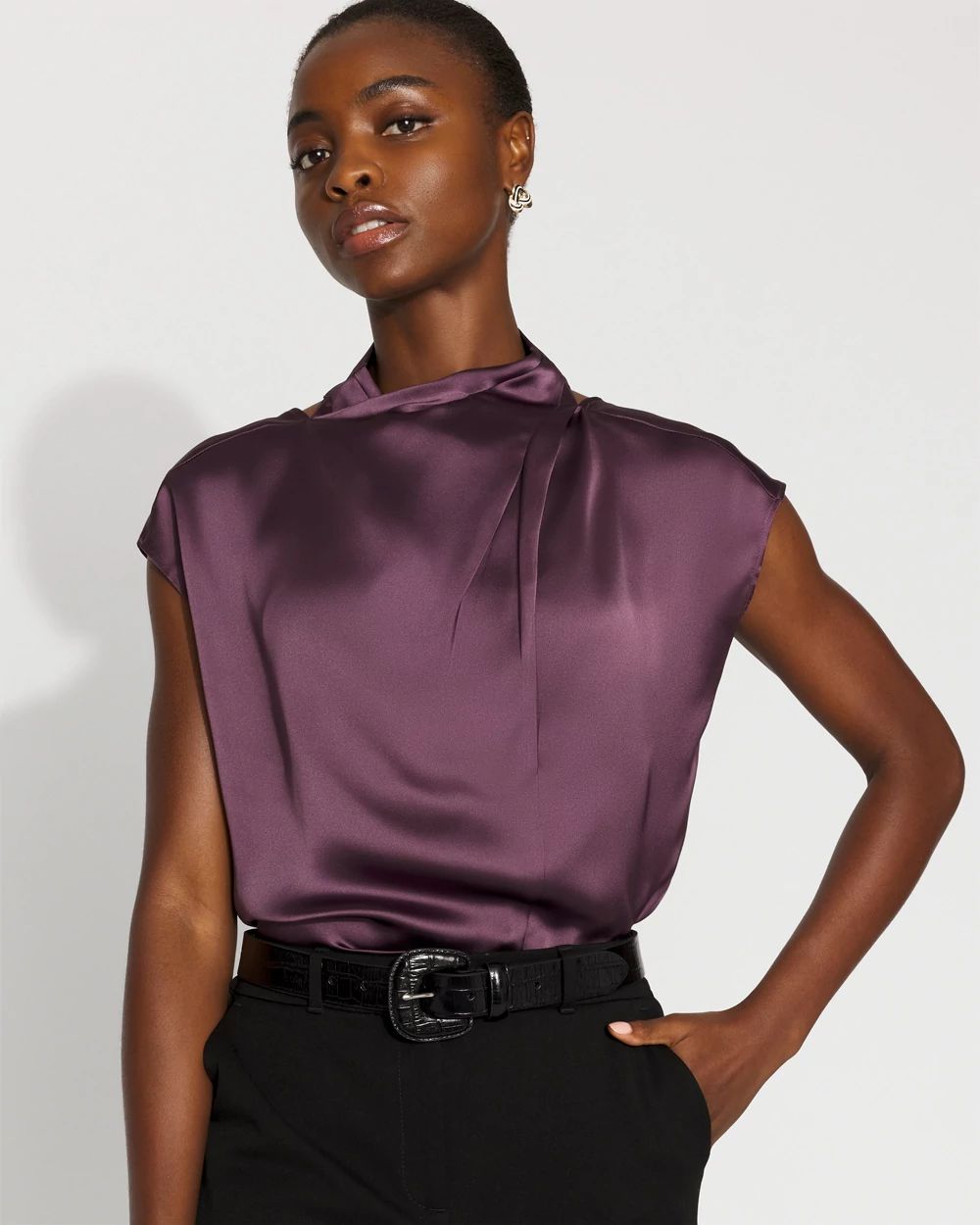 Petite Satin Draped Sleeveless Blouse