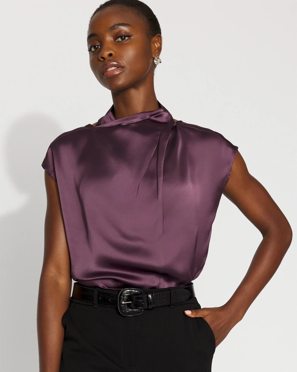Petite Satin Draped Sleeveless Blouse