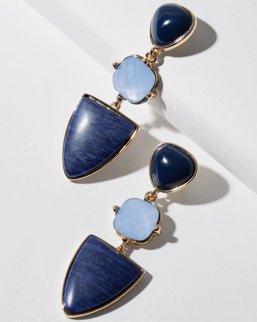 Goldtone and Blue Geo Linear Earrings