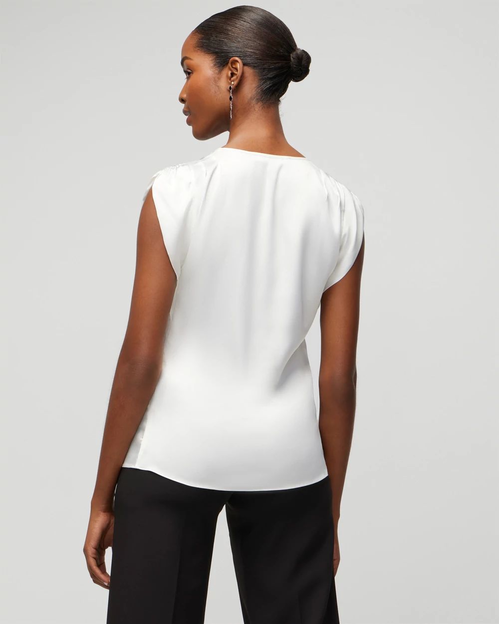 Sleeveless V-neck Ruched Shoulder Shell Top click to view larger image.
