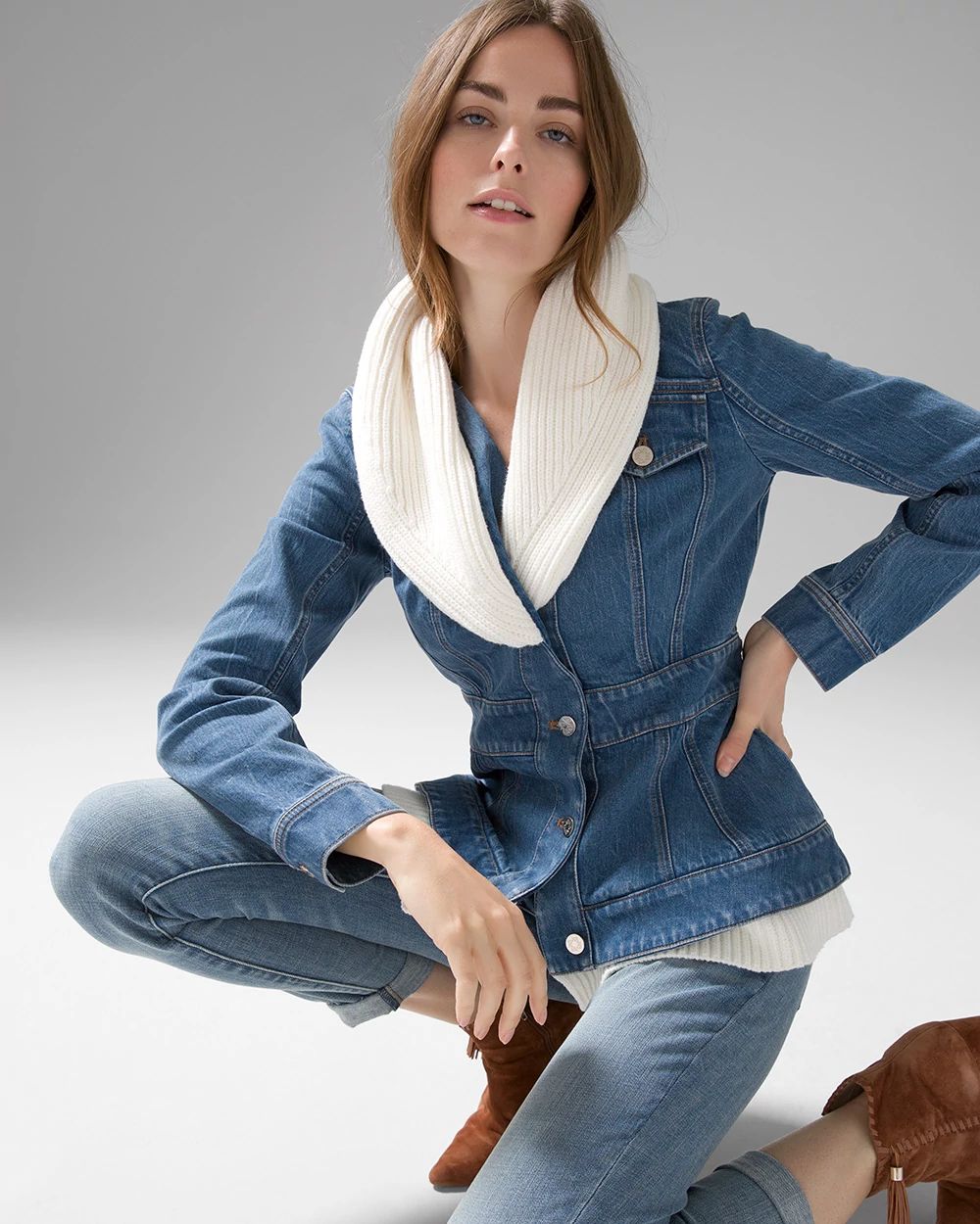 Peplum Denim Jacket with Sweater Trim
