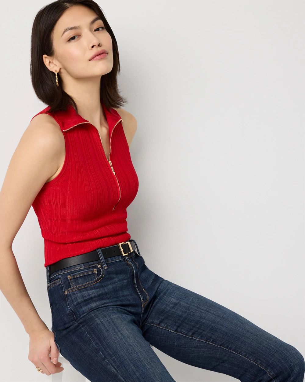 Half Zip Rib Halter Sweater Tank