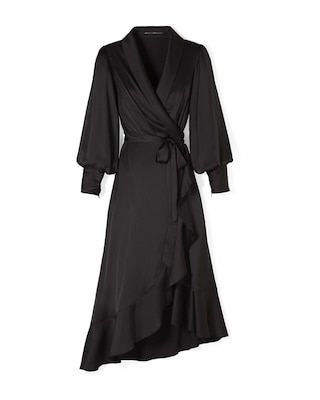 Long Sleeve Satin Ruffle Wrap Dress