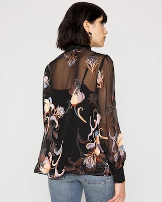 Floral Silk Burnout Tie-Neck Blouse click to view larger image.