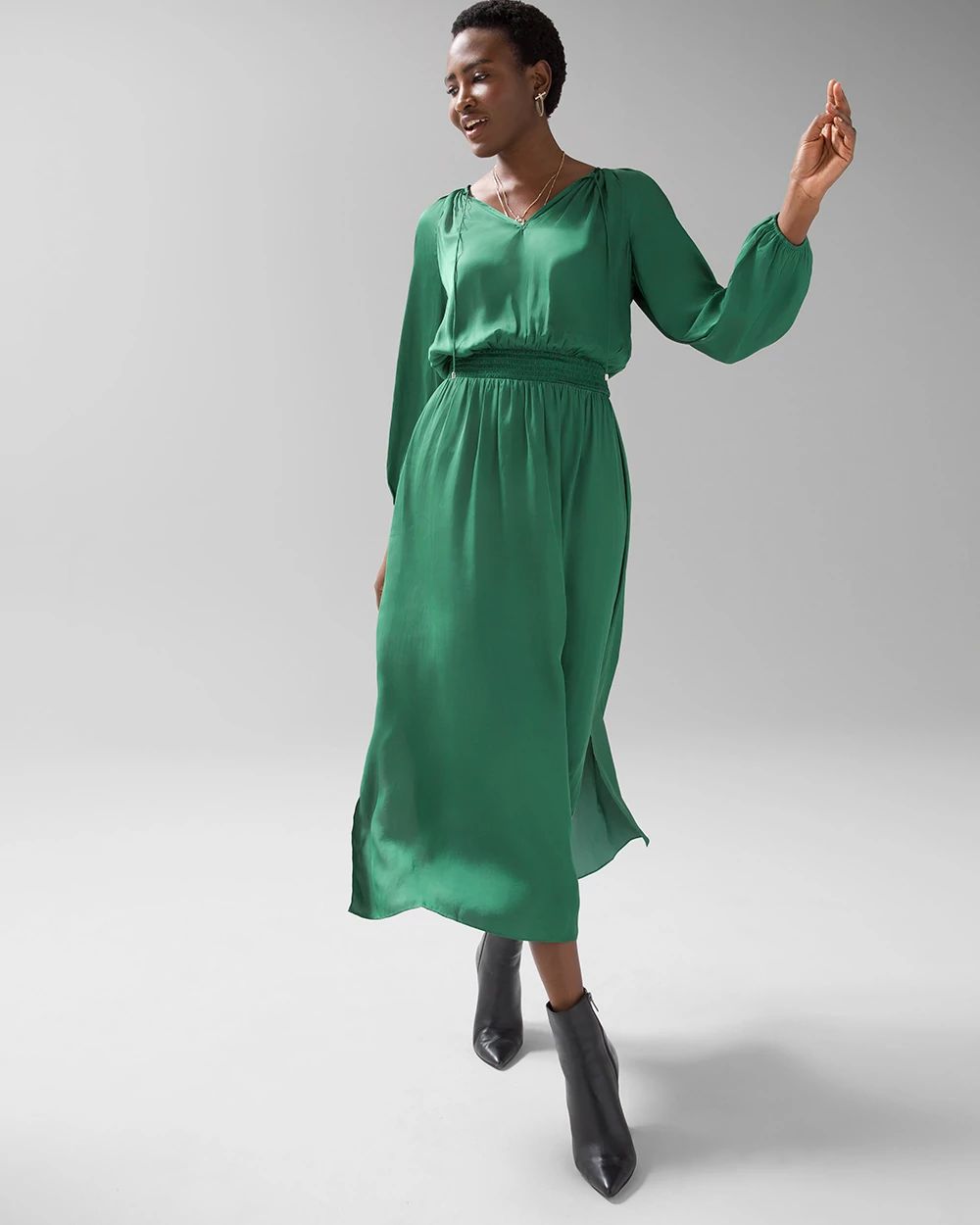 Long-Sleeve Smocked Waist Satin Midi Dress
