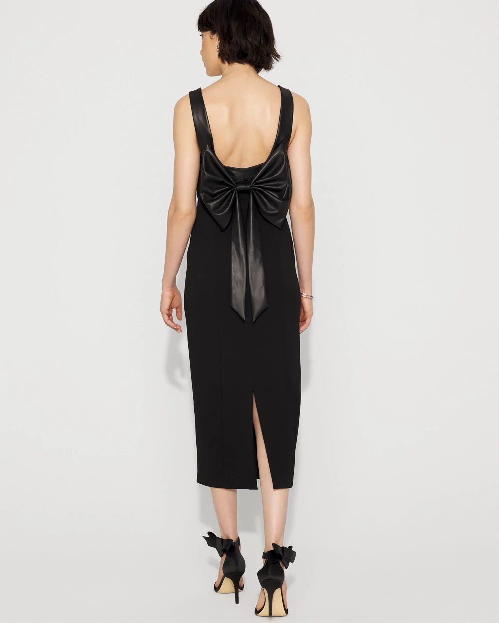 Crepe + Faux Leather Bow Midi Dress