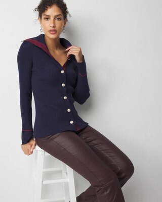 Petite Long Sleeve Contrast Color Cardigan click to view larger image.