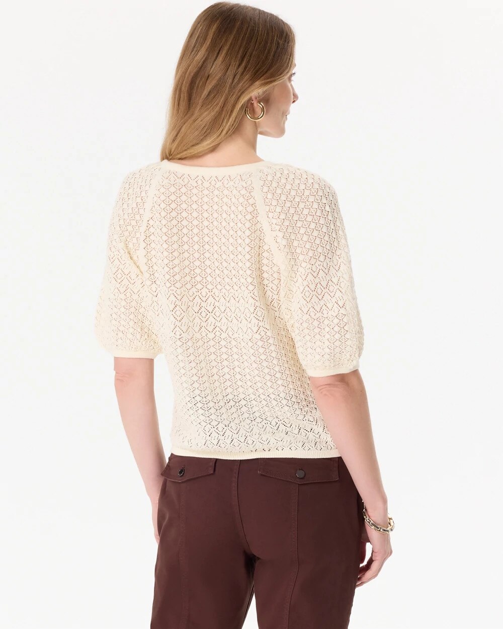 Pointelle Knit Puff Sleeve Pullover