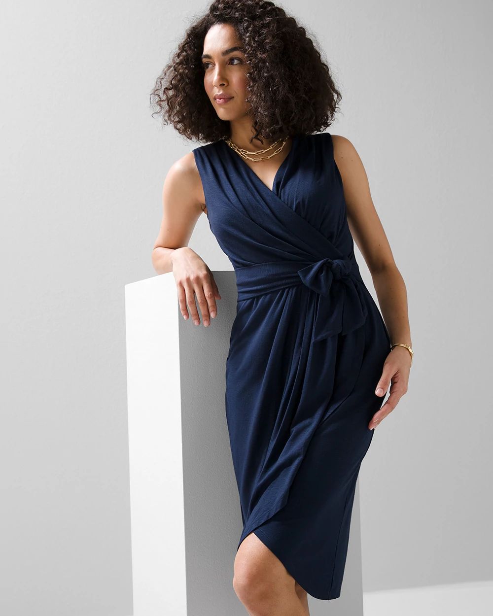 Sleeveless Draped Slub Sheath Dress